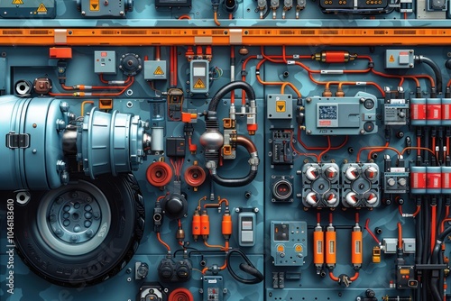 Close-up of a complex, intricate, and detailed steampunk-style machine with a metallic blue and orange color scheme.