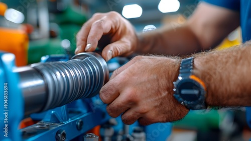 Close up view of an engineer s hands controlling a hydraulic tube bender machine as it shapes a steel tube photo