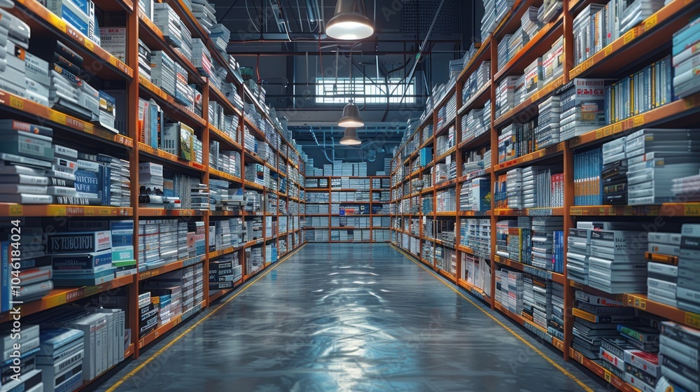 An aisle in a large warehouse filled with bookshelves stacked with books. An aisle in a large warehouse filled with bookshelves stacked with books.