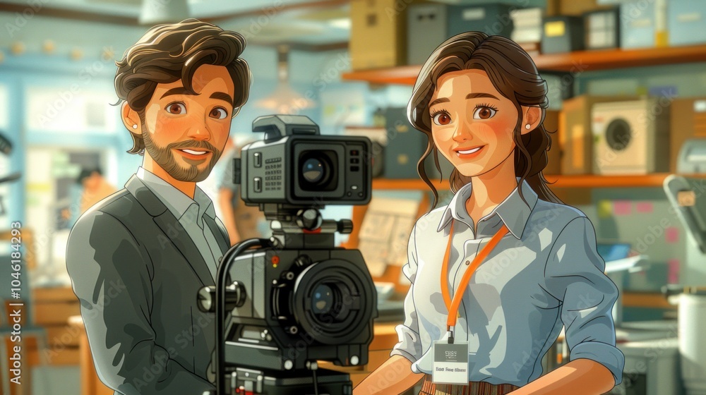 A young man and woman stand smiling next to a large camera. A young man and woman stand smiling next to a large camera.
