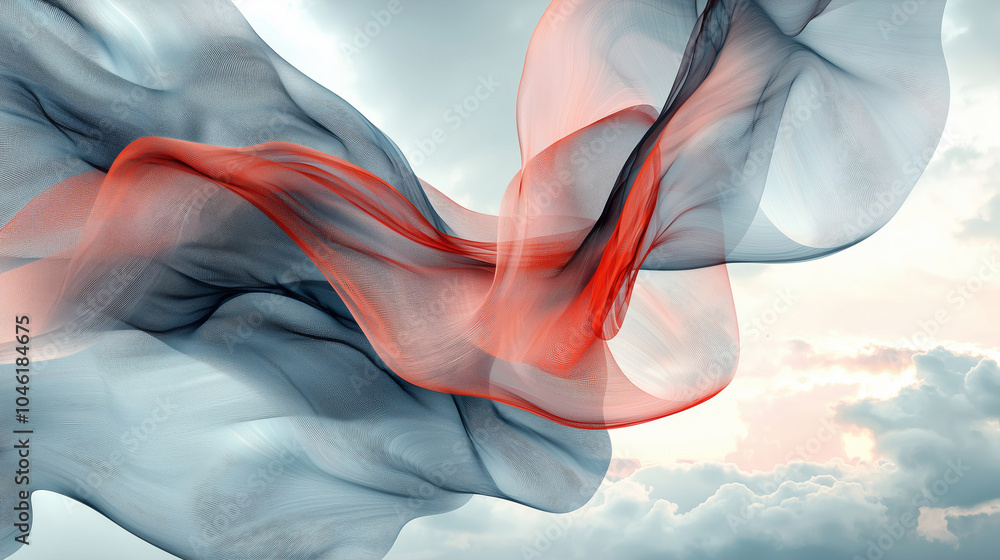 Fototapeta premium A dynamic digital art composition featuring an abstract background with flowing gray and red ribbons of fabric, creating the illusion that they float in mid-air against a sky filled with soft clouds.