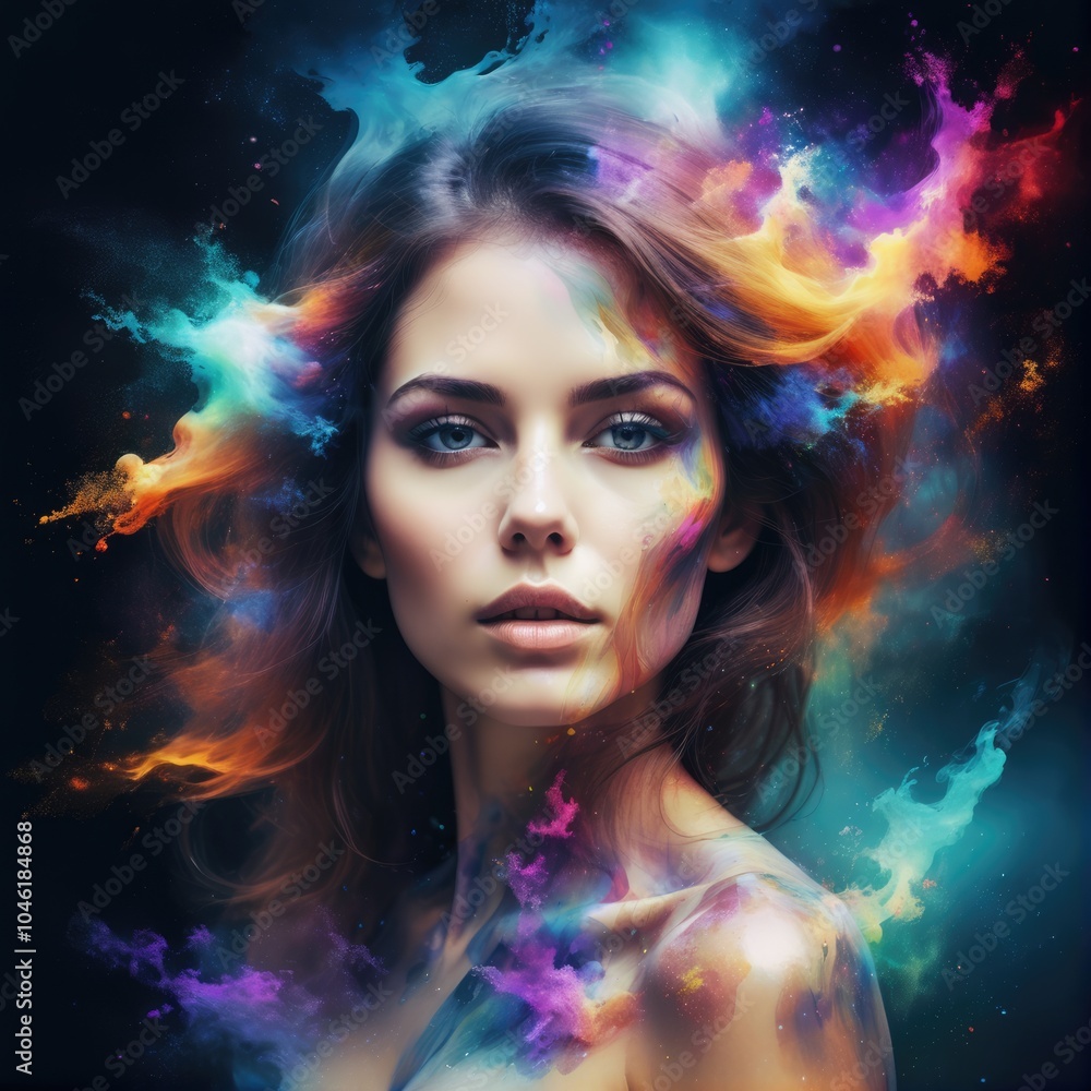 Fototapeta premium A captivating portrait of a woman amidst swirling cosmic colors and abstract patterns in a dreamlike atmosphere