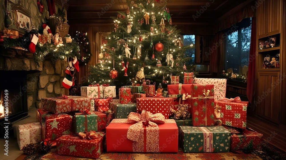 A cozy room decorated for Christmas, featuring a beautifully adorned Christmas tree surrounded by colorful gifts and a warm fireplace A cozy room decorated for Christmas, featuring a beautifully adorned Christmas tree surrounded by colorful gifts and a warm fireplace