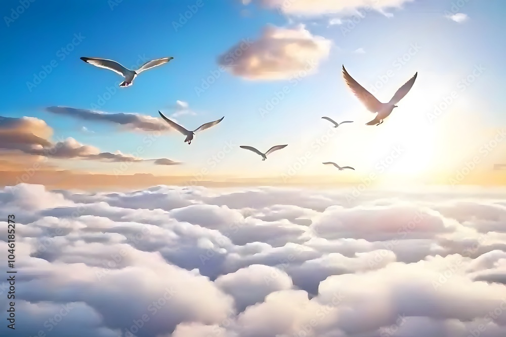 Obraz premium Seagulls Flying Above the Clouds.