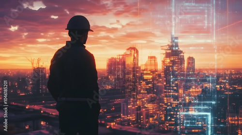 Worker Overlooking Cityscape at Sunset