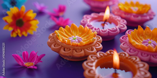 a group of candles with flowers, Decorative Display of Candles Nestled Among Flowers,  photo