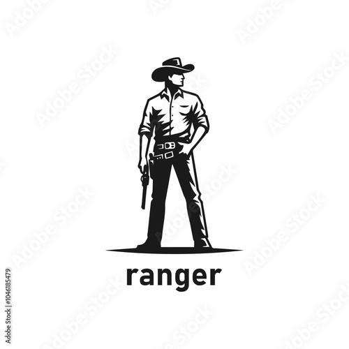 Standing cowboy ranger holding gun black and white vector illustration.
