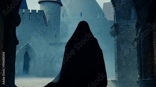gothic Beautiful walk silhouette Creepy Black scary Mystery female horror scene shadow woman ancient cloak castle spirit man old Girl ghost scarey haunted skittish halloween evil daemon undead nightm
