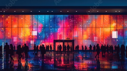 A crowd of people stand in front of a large building with a colorful, abstract light display on its windows at night.