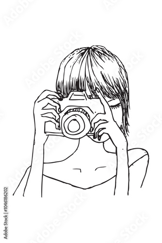 sketch simple vector, woman take a photo using analogue pocket camera