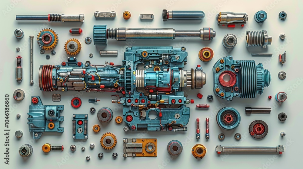 A disassembled engine with all of its parts laid out on a white surface. A disassembled engine with all of its parts laid out on a white surface.