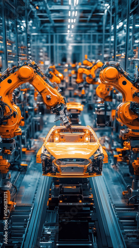 A factory with robots working on a car. The robots are orange and the car is yellow. Scene is industrial and mechanical