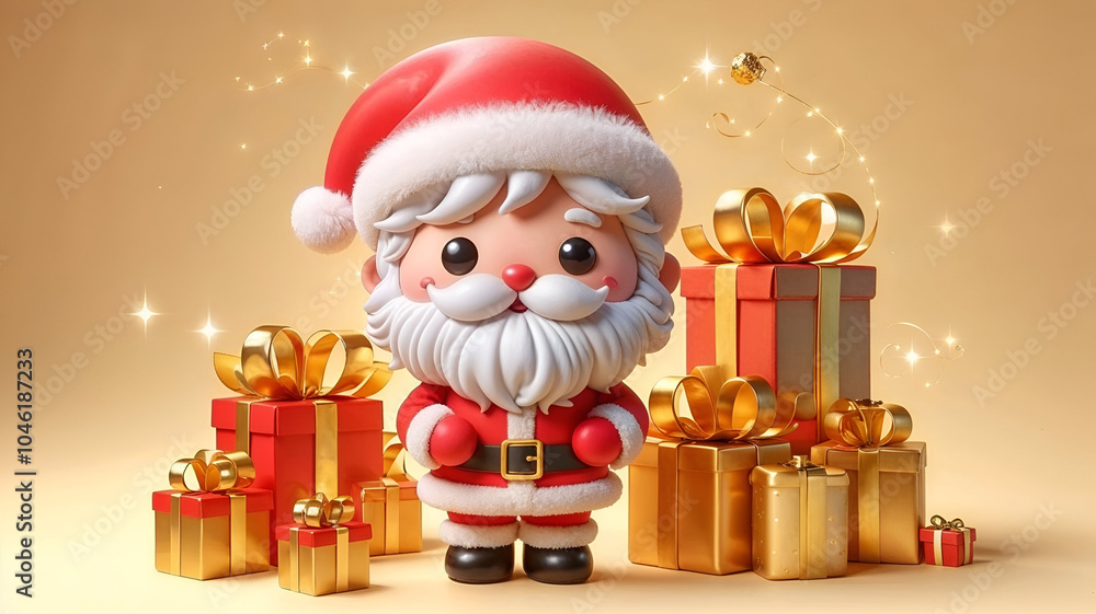 3d cute santa claus stands happily next to a pile of gift boxes tied with shiny golden ribbons 3d cute santa claus stands happily next to a pile of gift boxes tied with shiny golden ribbons