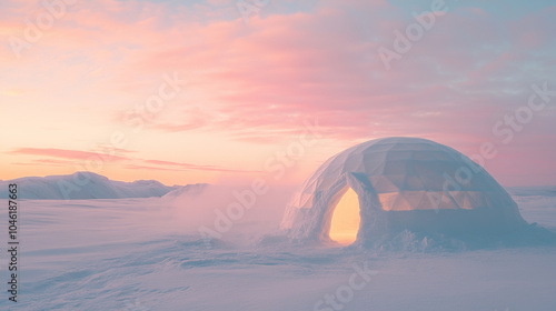 The igloo,illuminated from within,captures beauty of winter as sun sets,painting sky in shades of pink and orange above snowy expanse,copy space