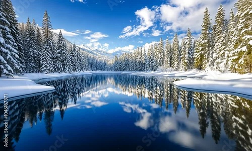 A serene winter landscape with a snow-covered lake reflecting the sky and surrounding trees.