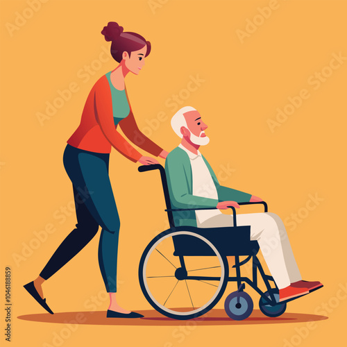 A continuous line drawing depicts a young woman joyfully pushing a wheelchair for an elderly man, symbolizing compassion and support for those in need.