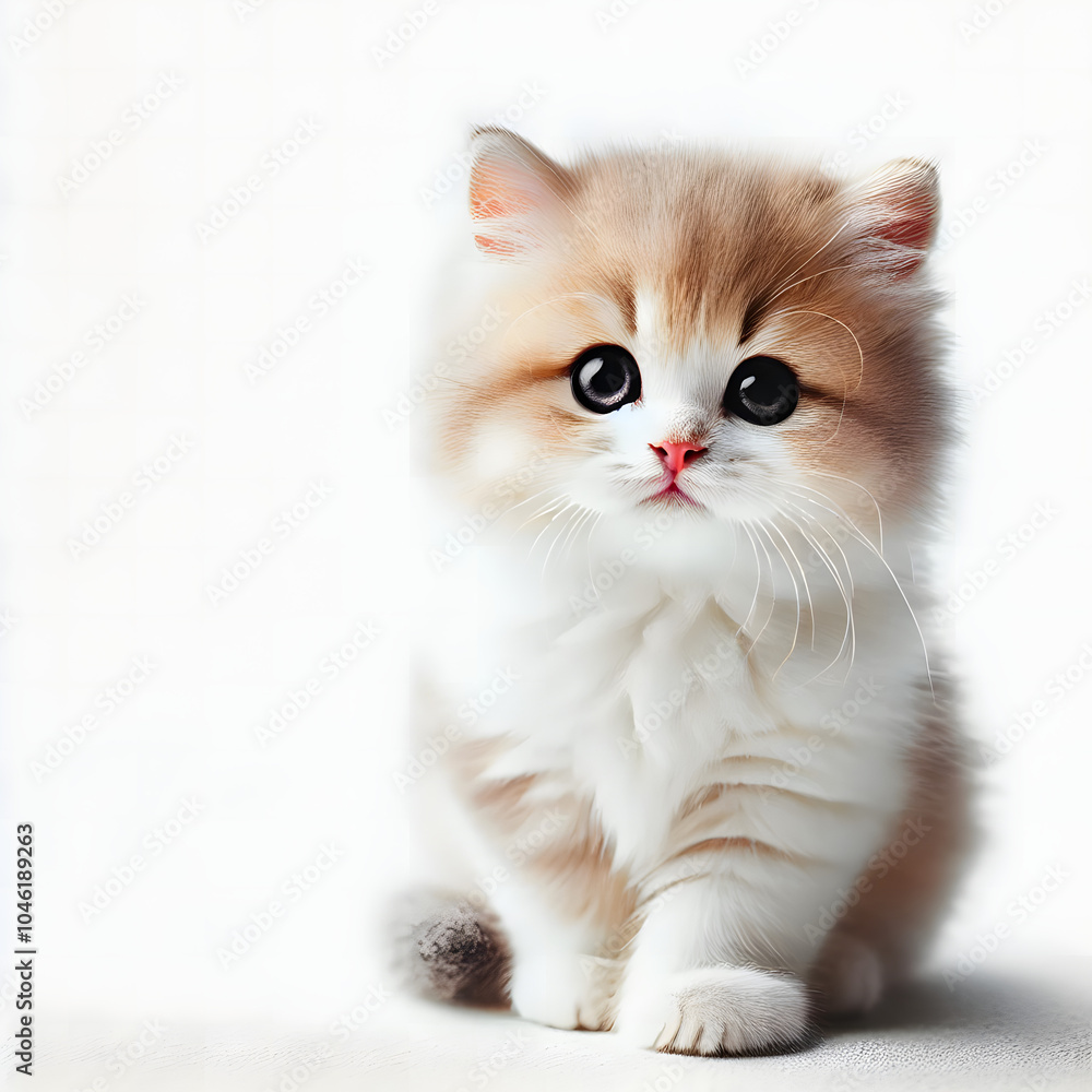 Fluffy kitten with big eyes sitting on white
Fluffy kitten with big eyes sitting on white