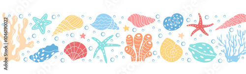 Underwater reef featuring corals and starfish in marine background. This colorful ocean life vector pattern design includes aquatic elements in a vibrant underwater world.