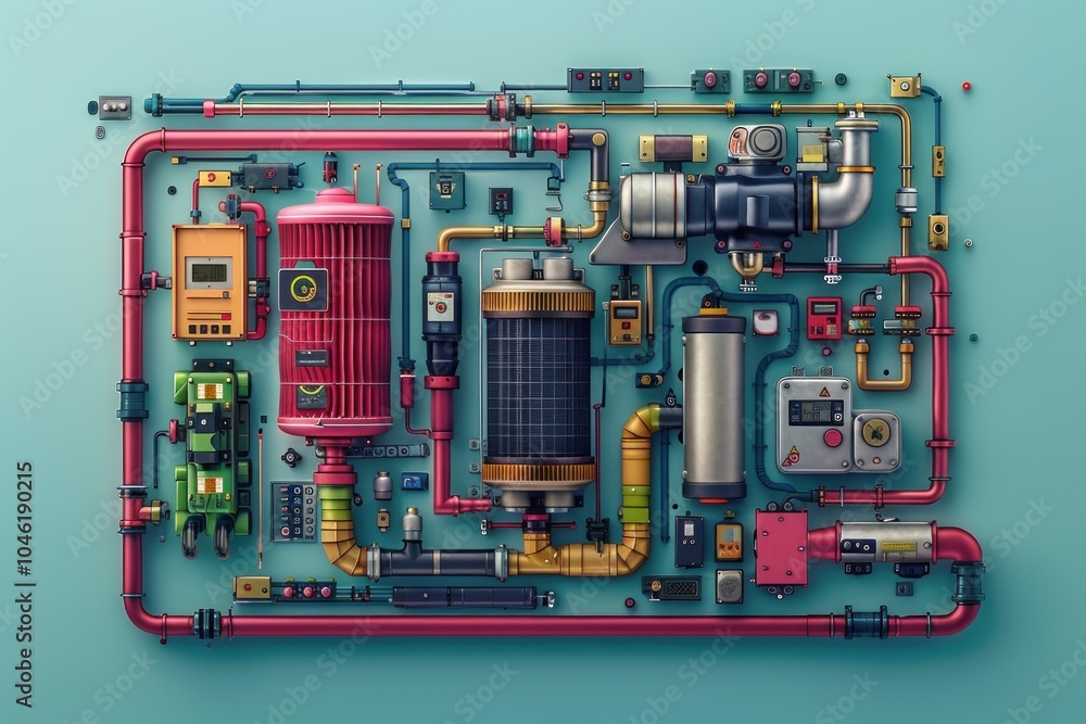 A complex system of pipes and machinery in a flat lay style on a light blue background. A complex system of pipes and machinery in a flat lay style on a light blue background.