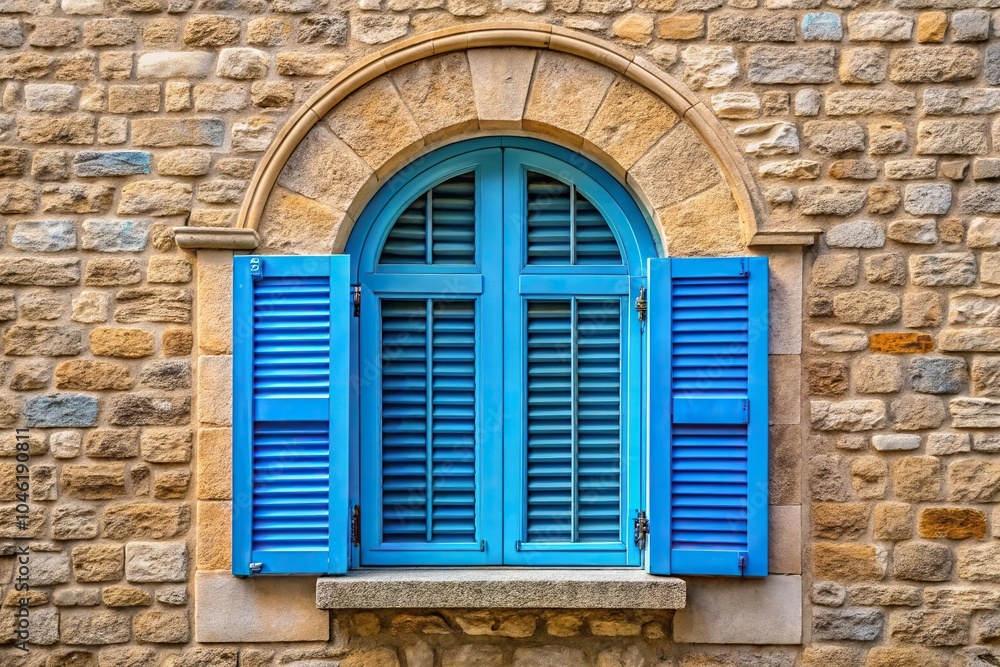 Stone wall arch window blue shutters adding classical charm to buildings exterior Stone wall arch window blue shutters adding classical charm to buildings exterior