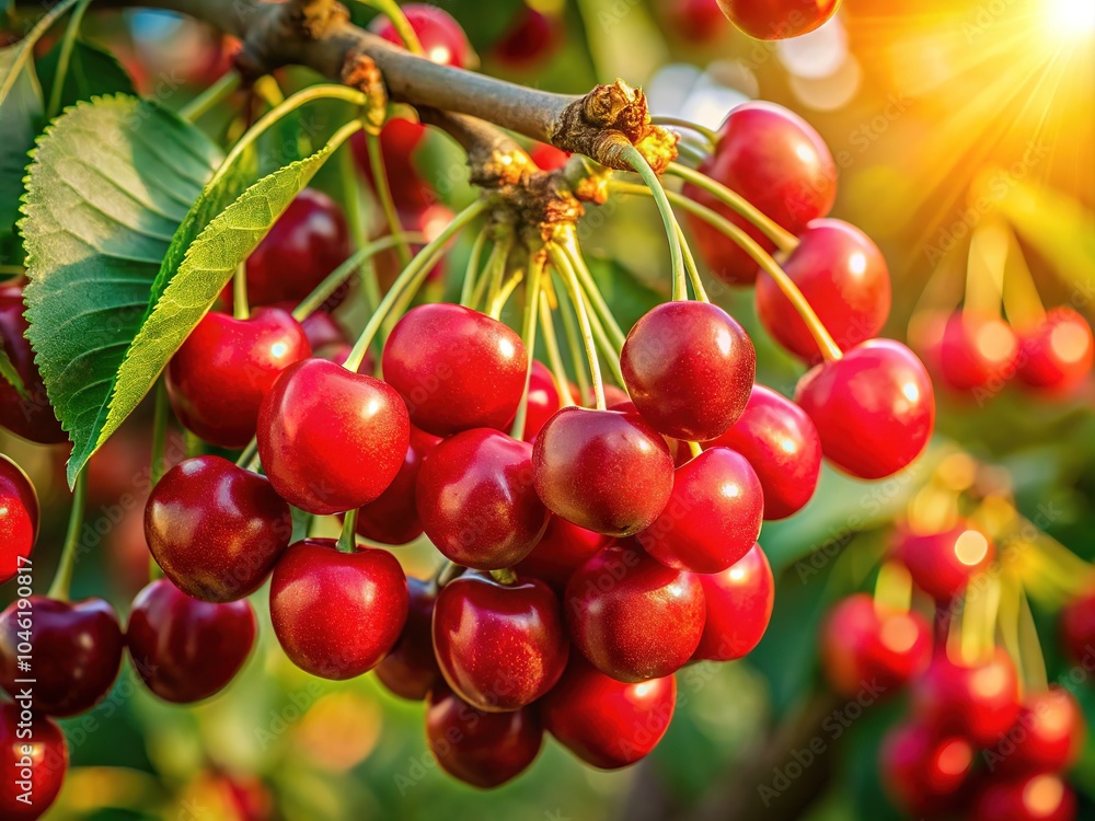 A sweet symphony of red: cherries nestled on a branch. A sweet symphony of red: cherries nestled on a branch.