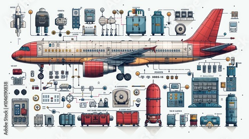 A detailed illustration of an airplane with its various systems and components, including the engine, wings, landing gear, and cockpit, all interconnected by lines and arrows.