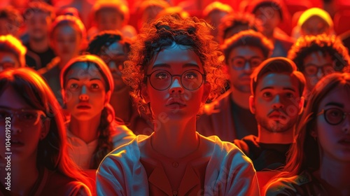 A young woman wearing glasses, looking intently at the stage, surrounded by a crowd of people.