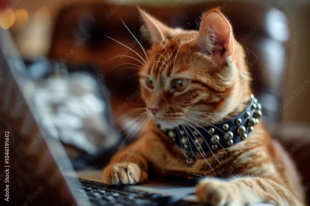 focused ginger cat wearing studded collar is intently typing on laptop, showcasing curiosity and intelligence. cozy setting adds warmth to this delightful scene focused ginger cat wearing studded collar is intently typing on laptop, showcasing curiosity and intelligence. cozy setting adds warmth to this delightful scene