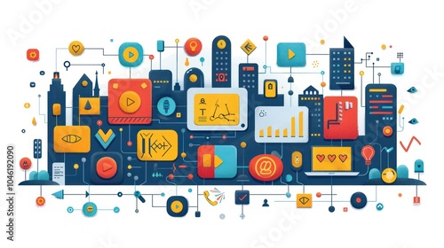 An abstract cityscape made of icons representing a network of digital media, communication, and technology.