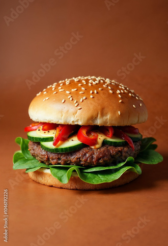 A veggie burger – stacked with fresh vegetables and sauces, isolated on a solid brown background, creating a wholesome look with ample copyspace for health-focused branding.