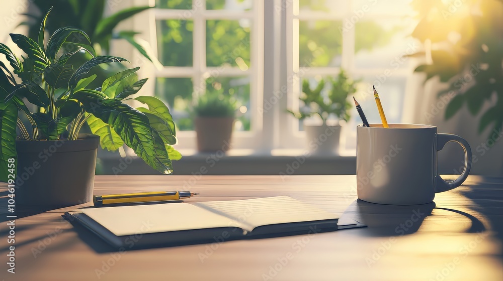 Workspace with notebook, coffee mug and pencil. decorated with plants to create a relaxing environment for productivity. productivity tools. Ultra realistic. Photorealistic Workspace with notebook, coffee mug and pencil. decorated with plants to create a relaxing environment for productivity. productivity tools. Ultra realistic. Photorealistic