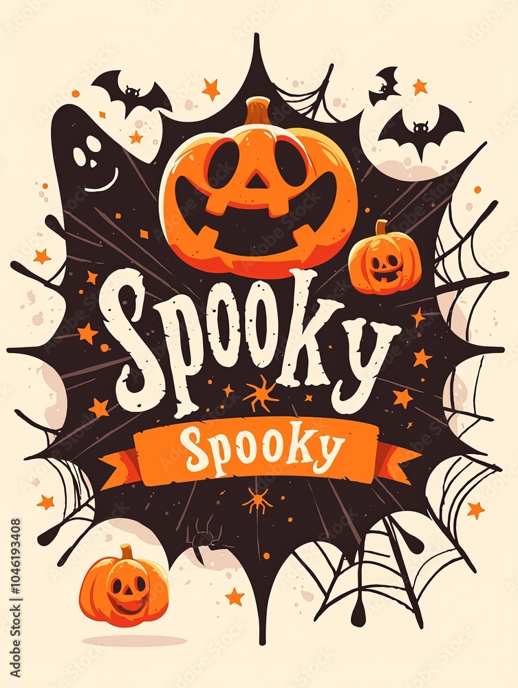 Spooky Halloween Pumpkin Illustration with Bats and Spiderwebs Spooky Halloween Pumpkin Illustration with Bats and Spiderwebs