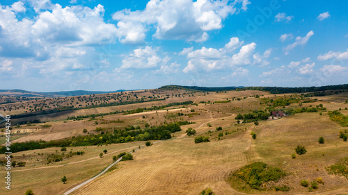 Aerial View of Lush Fields Under a Clear Blue Sky