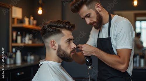 Barbershop Haircut Scene: "A young man getting a stylish haircut in a trendy barbershop, with the barber focused on his work, surrounded by modern decor and grooming tools, 