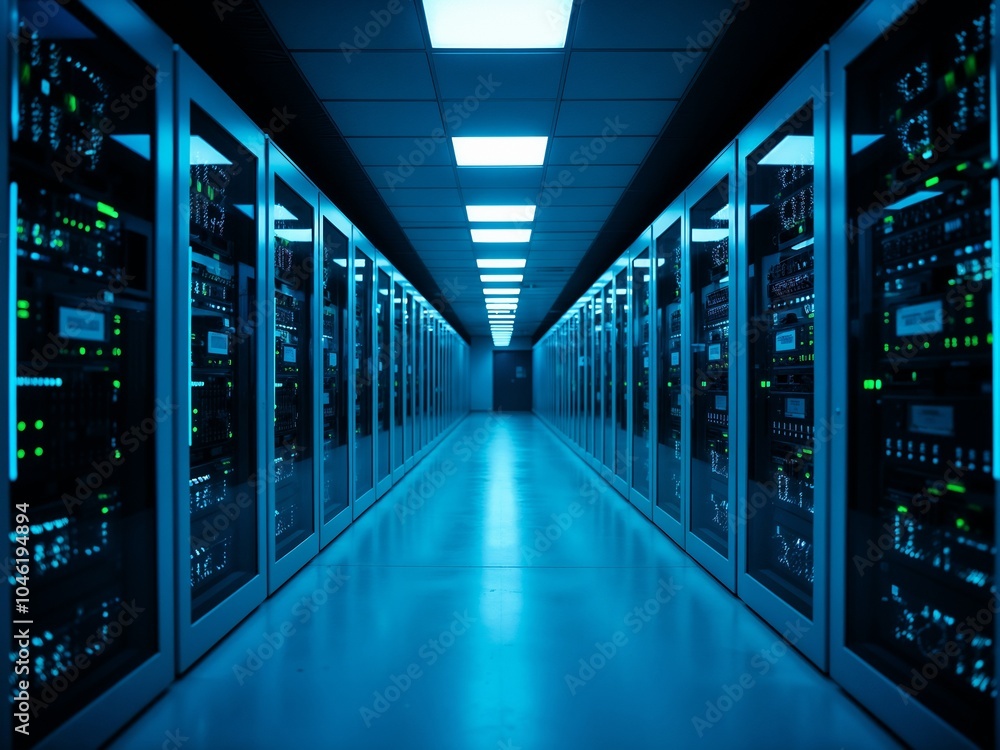 Futuristic Data Center Interior with Blue Lighting and Server Racks Futuristic Data Center Interior with Blue Lighting and Server Racks