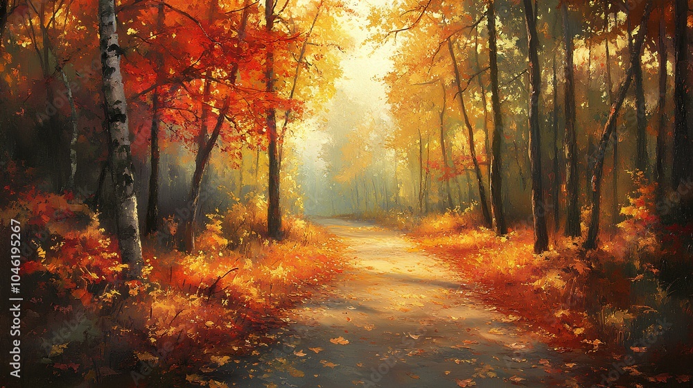 A serene autumn pathway lined with vibrant orange and red foliage, illuminated by soft sunlight filtering through the trees. A serene autumn pathway lined with vibrant orange and red foliage, illuminated by soft sunlight filtering through the trees.