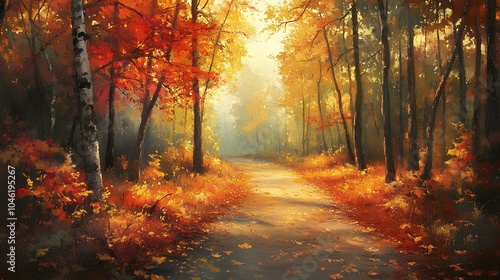 A serene autumn pathway lined with vibrant orange and red foliage, illuminated by soft sunlight filtering through the trees.