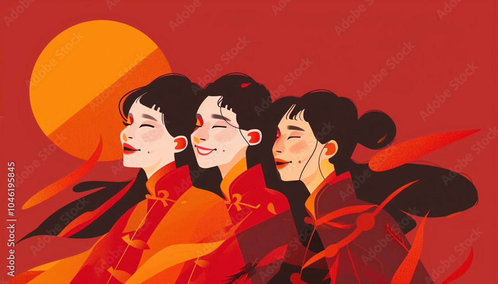 group of happy asian girls in red, illustration group of happy asian girls in red, illustration