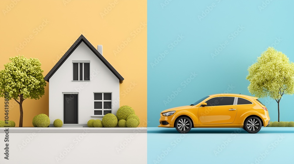 Modern Home and Car in Creative Split Background Design Modern Home and Car in Creative Split Background Design
