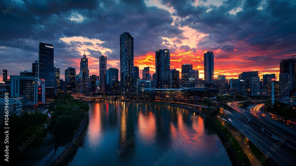 Fototapeta premium A stunning sunset over a city skyline, reflecting vibrant colors on the water, showcasing modern architecture and a dynamic urban landscape.
