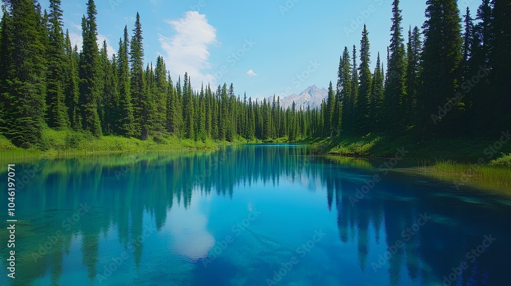 A tranquil lake surrounded by lush evergreen trees under a clear blue sky, reflecting nature's beauty. A tranquil lake surrounded by lush evergreen trees under a clear blue sky, reflecting nature's beauty.