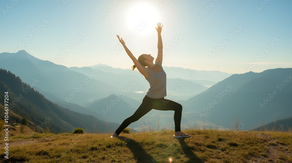 Yoga with a Mountain View – A yogi in Downward Dog pose on a grassy hill, overlooking a panoramic view of mountains and valleys, with the sun shining brightly overhead. Yoga with a Mountain View – A yogi in Downward Dog pose on a grassy hill, overlooking a panoramic view of mountains and valleys, with the sun shining brightly overhead.