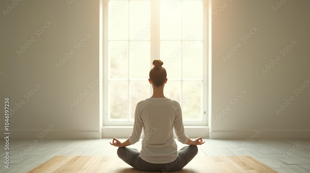 Zen Meditation in Minimalist Space – A person sitting cross-legged in a minimalist indoor space, facing a large window with soft natural light pouring in, creating a calm and peaceful atmosphere. Zen Meditation in Minimalist Space – A person sitting cross-legged in a minimalist indoor space, facing a large window with soft natural light pouring in, creating a calm and peaceful atmosphere.