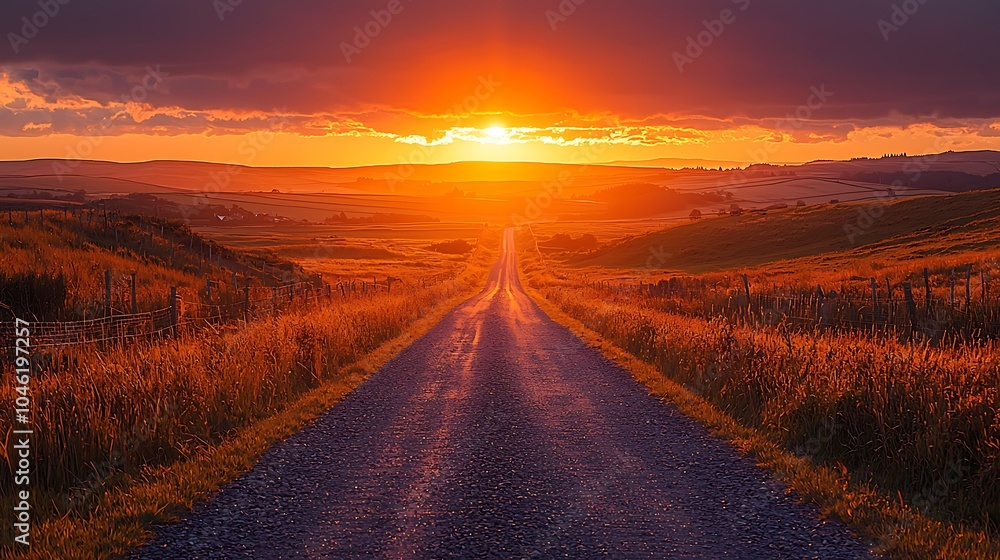 Golden Hour Road: A long, winding road disappears into the horizon, bathed in the warm glow of a breathtaking sunset, evoking a sense of adventure and the promise of new beginnings. 