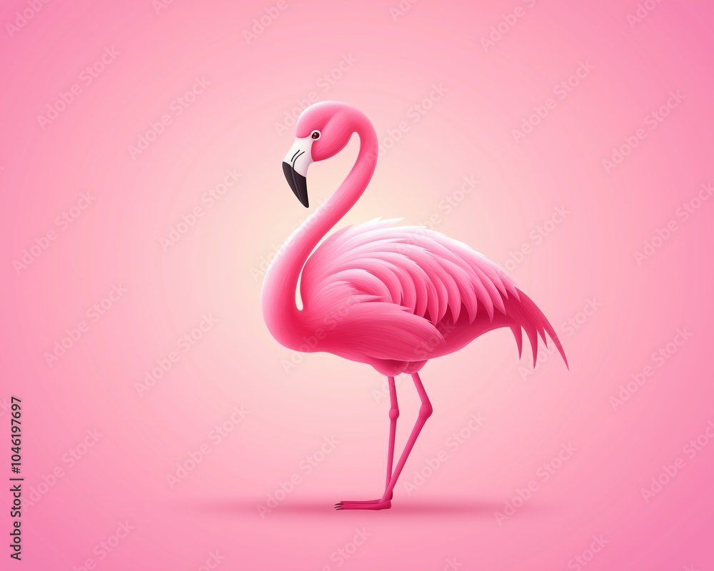 Fototapeta premium A vibrant pink flamingo standing gracefully against a soft pink background.
