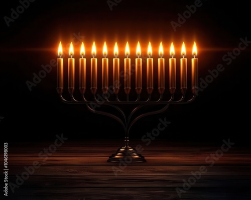 Elegant Hanukkah menorah on a wooden table with soft candlelight, festive atmosphere, traditional holiday decor