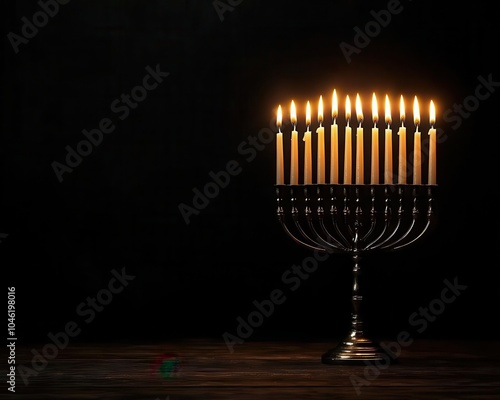 Elegant Hanukkah menorah on a wooden table with soft candlelight, festive atmosphere, traditional holiday decor