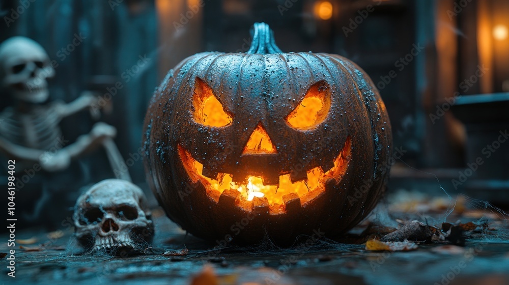 A spooky Halloween scene featuring a carved pumpkin and skull. A spooky Halloween scene featuring a carved pumpkin and skull.