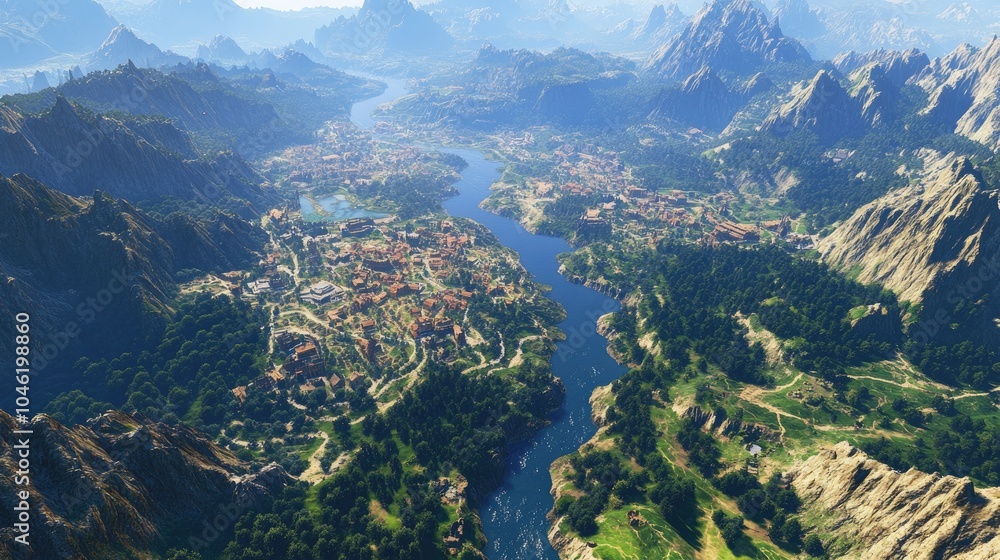 Fototapeta premium Scenic Aerial View of Lush Valley and River Landscape