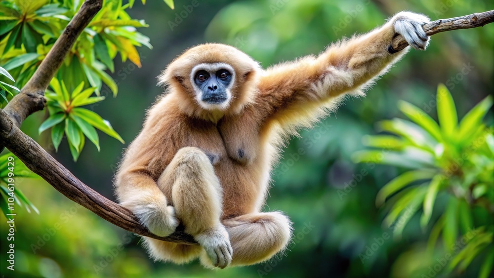 White handed gibbon hanging on tree in jungle White handed gibbon hanging on tree in jungle